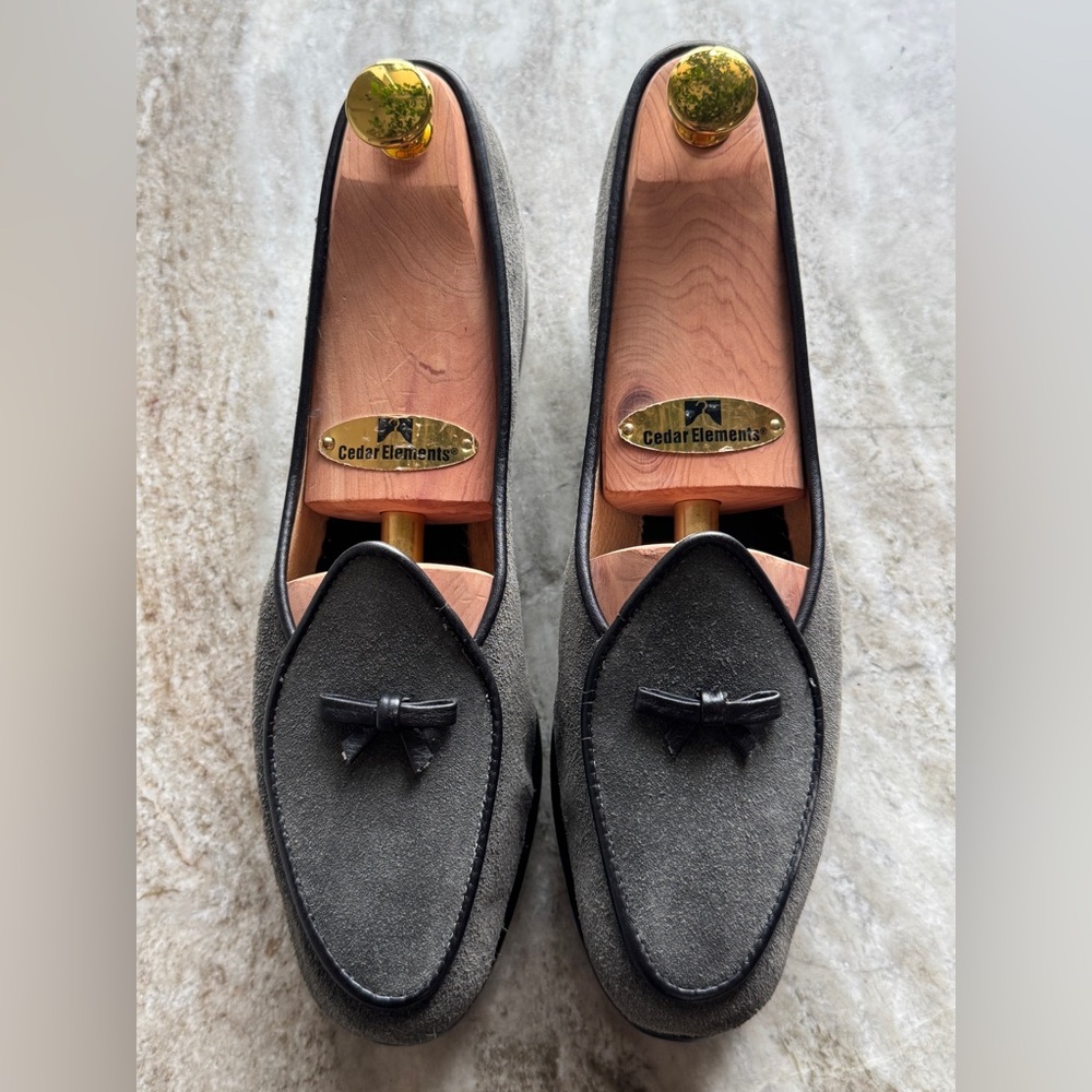 Belgian Shoes Midinette Slippers Gray Suede Loafers Black Trim 6 Flats